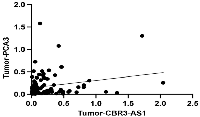 Figure 3: Correlations between the expression levels of <i>CBR3-AS1</i> and <i>PCA3</i> in GC patients (<i>r</i> = 0.1777, <i>P</i>-value = 0.0769).